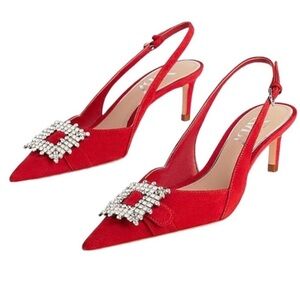Zara Red Slingback Pump with Rhinestone Buckle